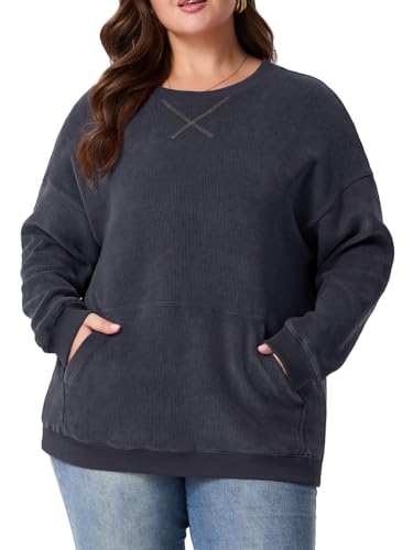 OLRIK Women Plus Size Sweatshirt Oversized Corduroy Crewneck Pullover Sweater with Kangaroo Pocket Fall Fashion