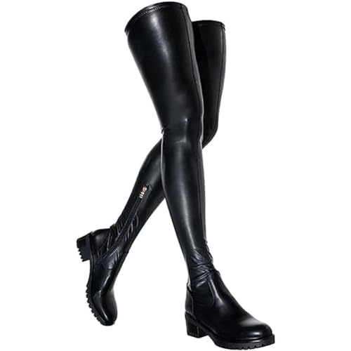 AOSPHIRAYLIAN Over the Knee Boots for Women Black Thigh High Boots Chunky Heel Slip On Leather Riding Surgical Stretch Platform Shoes