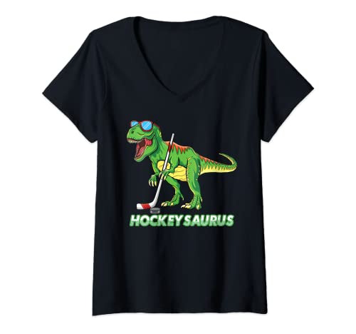 Donna Hockeysaurus Dinosaur Hockey su ghiaccio Trex Bambini Ragazzi Hockey su ghiaccio Maglietta con Collo a V