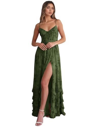 Floral Ruffle Corset Bridesmaid Dresses for Women Long Chiffon Formal Evening Party Gowns with Slit