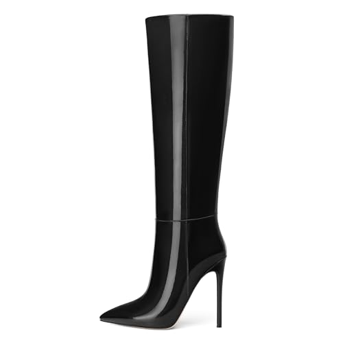 AMBELIGHT Knee High Boots for Women Stiletto Heel Patent Pointed Toe Pull On Long Boots Elegant Sexy Fashion Fall Winter Tall Boots 4.8 Inch2