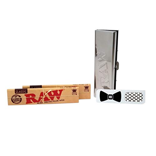 RAW King Size Slim Rolling Papers (2 Packs), RAW Stainless Steel King Size Paper Case, and Hippie Butler Grinder Card - 4 Items - Bundle