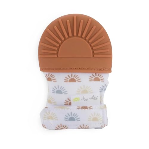 Image of Itzy Ritzy Silicone Teething Mitt - Soothing Infant Teething Mitten with Adjustable Strap, Crinkle Sound & Textured Silicone to Soothe Sore & Swollen Gums - for Ages 3 Months & Up (Terracotta Sun)