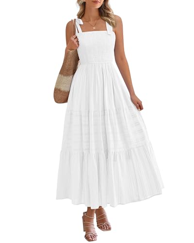 BTFBM Boho Maxi Dress Sleeveless Summer Dresses for Women 2026 Beach Vacation Smocked A Line Casual Sundress Pockets(White, Medium)