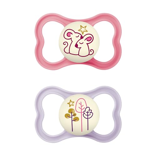 Image of MAM Air Night Pacifiers (1 Sterilizing Pacifier Case), MAM Sensitive Skin Pacifier 6+ Months, Glow in the Dark Pacifier, Best Pacifier for Breastfed Babies, Baby Girl Pacifiers, 6-16 (Pack of 2)