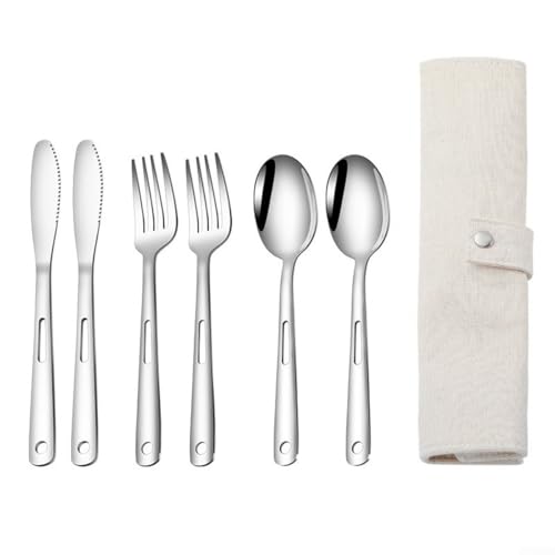 Juego de cubiertos de acero inoxidable, 7 piezas, cucharas de comedor, tenedor, espátula con bolsa, juego de cubiertos con tenedores, cucharas y espátula para picnics y reuniones (plateado)