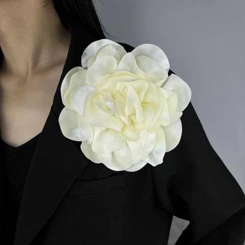 Image of Dainty Fabric Rose & Camellia Flower Oversized Brooch Pins & Hair Clip - Large Lapel Pin, 4.3in /7.5in