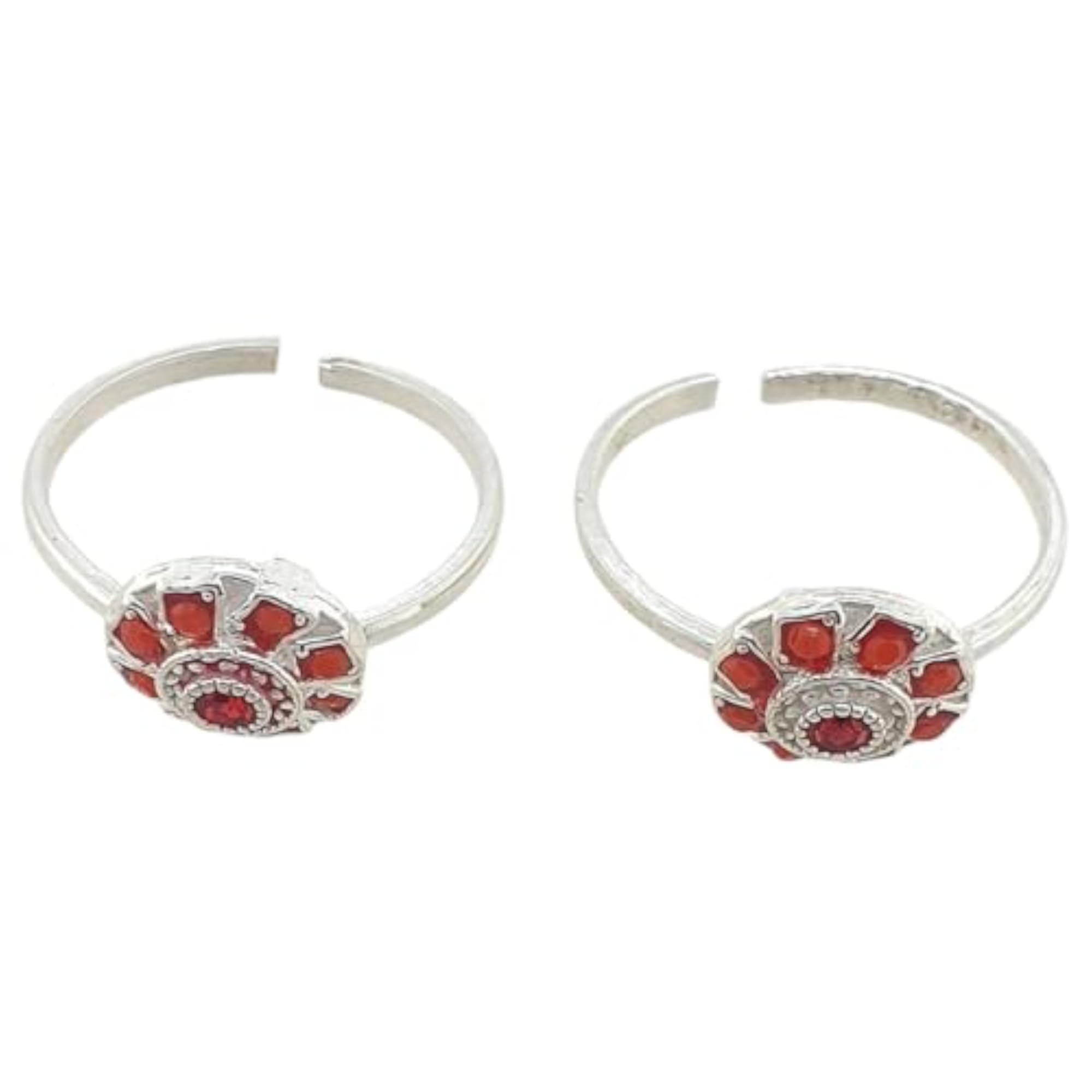 Women's 2pc Designer Red Zircon Flower Toe Rings Set
