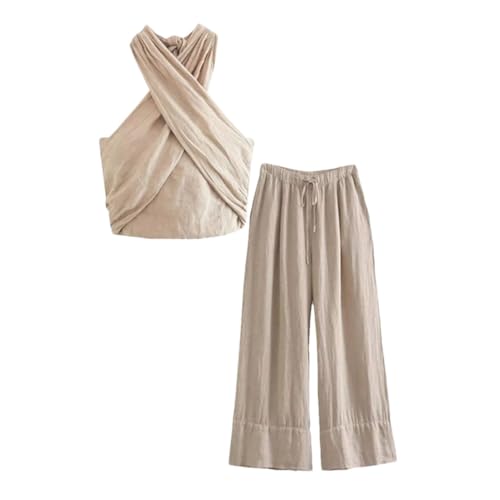 Wide Leg Pants Sets High Street Cotton Linen Trousers Suit for Women Halters Crop Top Ladies Sets XS