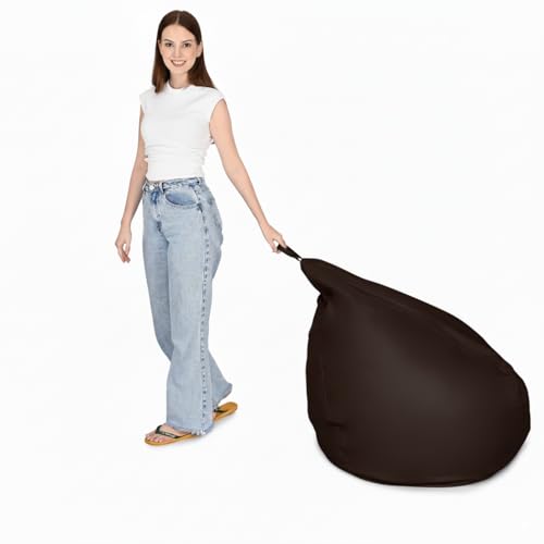 Image of 5XL Premium Leatherette Bean Bag with Rectangular Footrest & Cushion | High Density EPS Beans Filled | Teardrop Shape with Handle | 6 Months Warranty (Brown, 5XL Combo Pack, Solid)