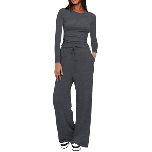 Conjunto deportivo de dos piezas para mujer, camiseta de manga larga con cuello redondo y cintura alta elástica con cordón, pantalones holgados a juego, conjunto de yoga, traje de viaje al aeropuerto