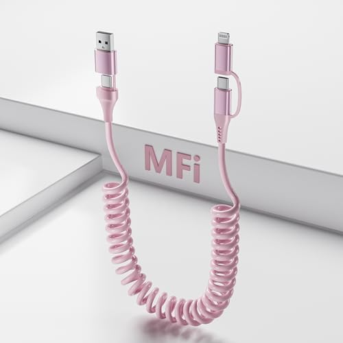 60W USB to USB C and Lightning Cable 4 in 1 Coiled Cable for Apple CarPlay & Android Auto - iPhone and USB C Cable with CarPlay Data Sync & Fast Charging for iPhone/Android/iPad/Laptop 3Ft, Pink