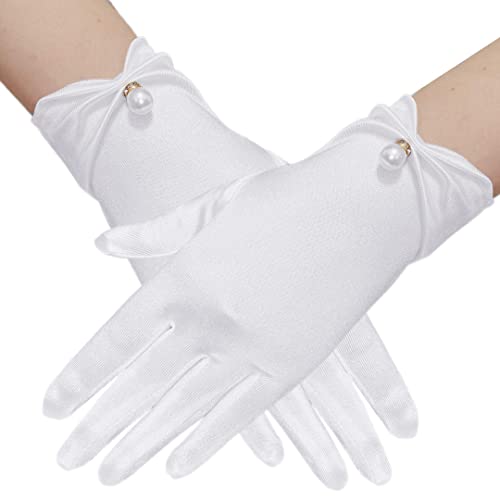 Gionforsy Floral Lace Gloves - Elegant Short Lace Wrist Gloves for Bridal Wedding Opera & Dinner Party (A-Beige White-1)