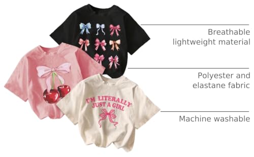 Image of SHENHE Girl's 3 Pack Cute Graphic Tees Cherry Bow Print Aesthetic Short Sleeve Shirt Tops