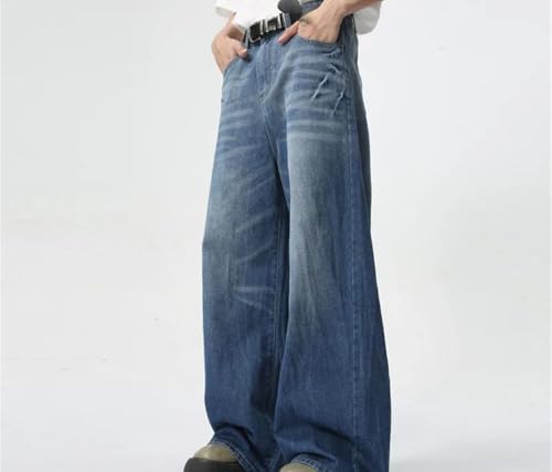 Men Vintage Washed Straight Denim Pants High Waisted Loose Fit Wide Leg Casual Office Trousers3