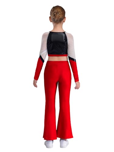 Kids Girls 2 Piece Gymnastic Dance Outfits Sparkly Long Sleeve Color Block Cheer Crop Top And Flared Pants Set Red 10 Years2