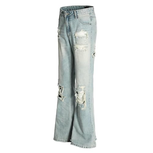 Men's Ripped Jeans with Rivets, Retro High Street, Washed Distressed Loose Wide Leg Denim Pants3