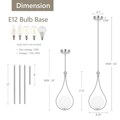 Image of Nickel Pendant Lights Kitchen Island with Milky White Globe Glass, 3 Pack | Mid Century Adjustable Hanging Pendant Light Fixtures