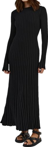 Image of Women's Long Sleeve Sweater Dress Ankle Length Fall Dress Vneck Knit Winter Dress