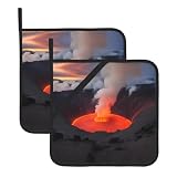 Set di due vasi quadrati isolati con due tappetini da cucina resistenti al calore, ideali per il coperchio della pentola della cucina e il barbecue all'aperto Stampe sul vulcano Kilauea