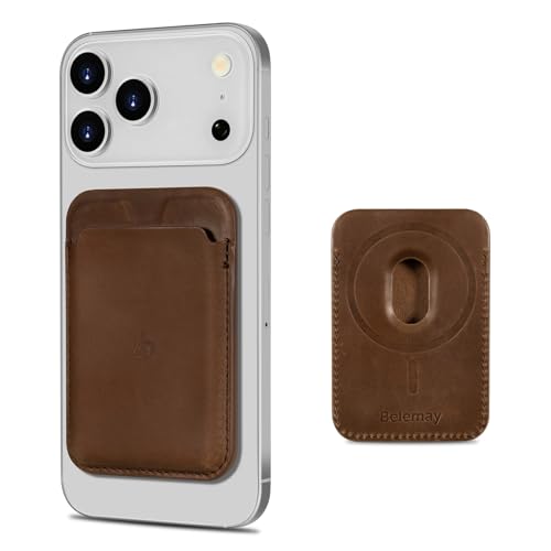 Belemay Minimal Wallet Compatible with Magsafe, Strong Magnetic Card Holder for 1-2 Cards, Unique Crazy Horse Leather, Compatible with iPhone 17/16/15/14/13/12 Series and MagSafe Cases, Vintage Brown