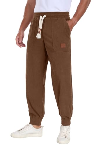 Askdeer Mens Corduroy Joggers Pants Casual Cargo Pants Drawstring Elastic Waist Baggy Tapered Sweatpants with 3 Pockets Brown2
