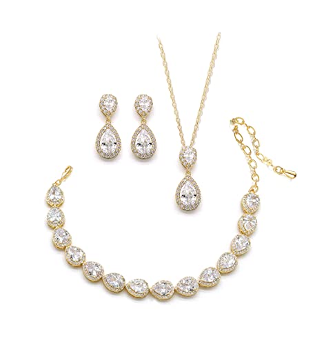 UDYLGOON Cubic Zirconia Crystal Bridal Jewelry Set for Bride Bridesmaid Wedding Prom Teardrop Necklace Earrings Bracelet Jewellery Set