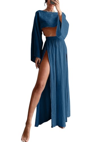 shownicer Femmes Ensemble en Lin Manches Longues Haut et Jupe Longue avec Fente Sexy d'été Deux Pièces Ensemble De Plage Fête Décontracté Outfits Set A Bleu L
