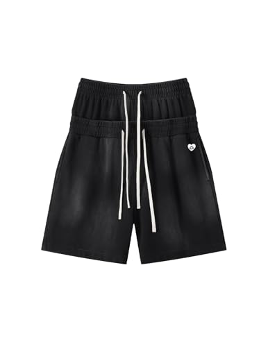 Aelfric Eden Double Waist Baggy Sweat Shorts for Men Women Washed Bermuda Shorts Unisex Casual Athletic Lounge Shorts Black