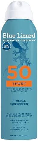 BLUE LIZARD Sport Mineral Sunscreen Spray SPF 50+, Dermatologist-Recommended Brand, Broad-Spectrum UVA/UVB Protection, Water-Resistant, Zinc Oxide Formula, Vegan, 5 fl oz