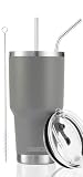 D·S 30oz Grey Tumbler Stainless Steel Insulated Travel Mug with Straw Lid Cleaning Brush (30oz Grey)
