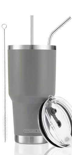 D·S 30oz Grey Tumbler Stainless Steel Insulated Travel Mug with Straw Lid Cleaning Brush (30oz Grey)