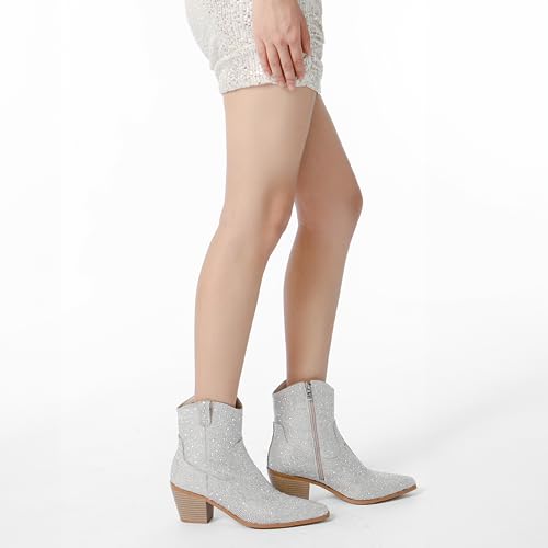 Yallmay Rhinestone Booties for Women, Sparkly Cowgirl Boots Pointed Toe Chunky Heel Rhinestone Cowboy Ankle Booties 6