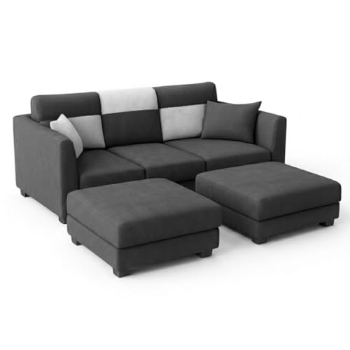 Image of SOCOZI Evanto 5 Seater L Shape Sofa Set with 2 Movable Ottomans | Flexible Layout| Soft Velvet Suede Fabric|Modern Sofa | Plush Comfort Cushions for Living Room (Dark Gray-Light Gray)