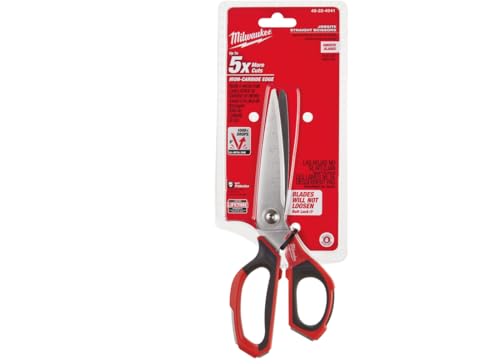 Milwaukee 48-22-4041 Iron Carbide Core Large-Looped Straight Jobsite Scissors w/ Onboard Ruler Markings and Index Finger Groove