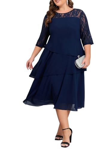 LapaPlus Übergröße Damen Spitze 3/4-Ärmel Abendkleider Cocktailkleider Chiffon Midikleid Lagenkleid 2025 Sommerkleider