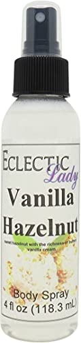 Eclectic Lady Vanilla Hazelnut Body Spray, Double Strength, 4 ounces, Body Mist for Women with Clean, Light & Gentle Fragrance, Cologne with Soft, Subtle Aroma For Daily Use