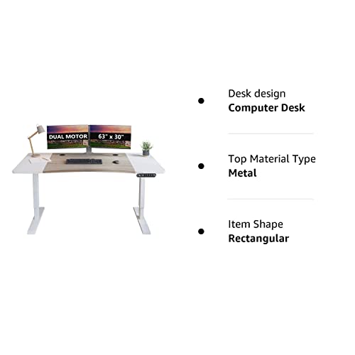 Bilbil Dual Motor Electric Standing Desk, 63 X 30 Inch Height Adjustable Sit Stand Table With Splice Board, Stand Up Home Office Desk, White Frame/Oak And White Top #TOP7