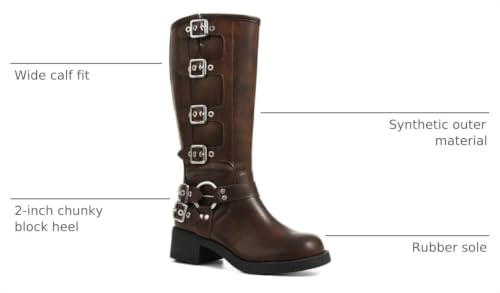 Image of AMINUGAL Knee High Boots Women Square Toe Pull On Wide Calf Riding Fashion Buckles Chunky Metallic Casual Vintage Buckle Rivet