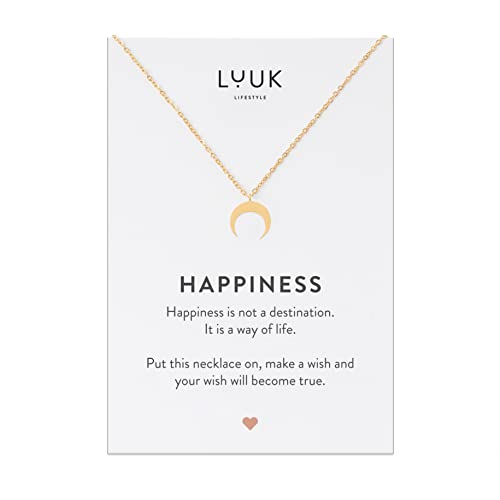 LUUK LIFESTYLE Necklace for women with crescent moon pendant, HAPPINESS gift card, modern and minimalist fashion accessory, 19” length, jewellery for everyday wear, layer look, good luck charm, gold LUUK LIFESTYLE Necklace for women with crescent moon pendant, HAPPINESS gift card, modern and minimalist fashion accessory, 19” length, jewellery for everyday wear, layer look, good luck charm, gold