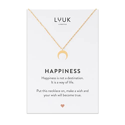 LUUK LIFESTYLE Roestvrijstalen ketting met maan hanger en HAPPINESS kaart, geluksbrenger, vriendschapsketting, sieraden, damesjuwelen, cadeau, kerstmis, verjaardag, goud