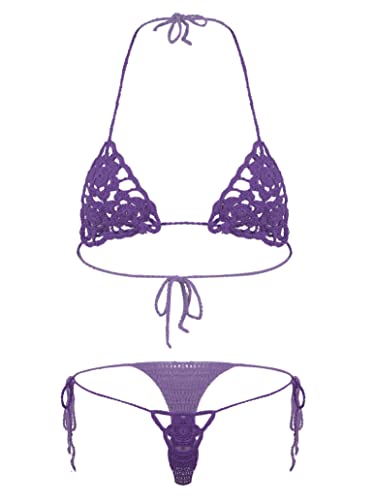 Loloda Womens Handmade Micro Bikini Set Crochet G Thong String Sexy Lingerie Sets Bathing Swimsuit Purple Medium #TOP3