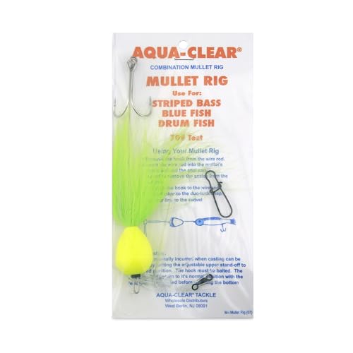 Aqua-Clear, Mullet Rig, Bluefish/Striped Bass/Rockfish/Drum, 3/0 Mustad Dbl Hook, AFW Swivel, 60 lb / 27.2 kg GS Mono, T-Standoff, SS Straight Wire, Chartreuse Hair & Float