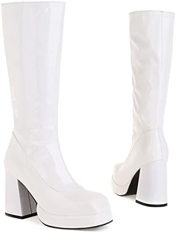LanreyTaley Women Fashion Boots Platform Knee High Chunky Block High Heel Boots Zipper Cosplay Boots White Gogo Boots Size 41 Asian