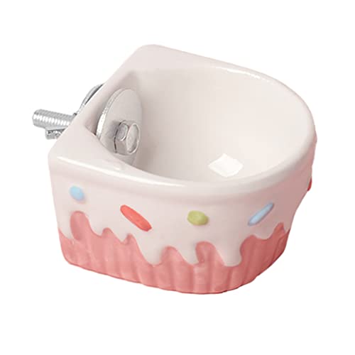fuu 小動物用 陶器のえさ水入れ 金具付き スイーツ柄 小サイズ 食器 固定 清潔 ハムスター うさぎ モモンガ (ピンク)