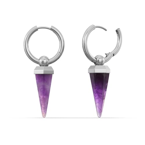 PUNKYOUTH Punk Goth Crystal Spike Hoop Earrings 925 Silver Post 18G (1 mm) Statement Dangle Accessory Opalite or Amethyst Stone Drop Witchy Halloween Alternative Concert Gift for Women Men