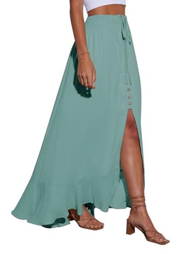 Image of Minclouse Women's Elastic Tie Waist Button Down Maxi Skirts Casual Loose Flowy Swing Slit Front Dress