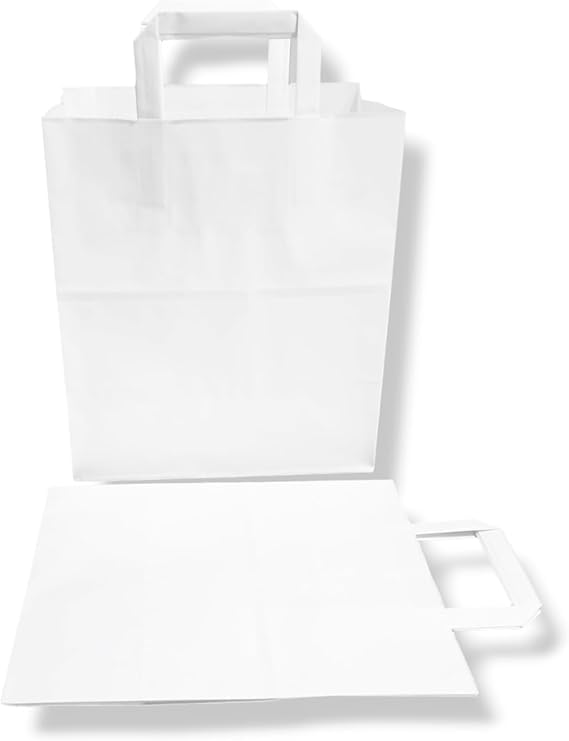 Générique 250 Sacs Cabas en Papier Kraft Blanc 22+10x28 cm avec poignées Plates – Sacs Solides et résistants
