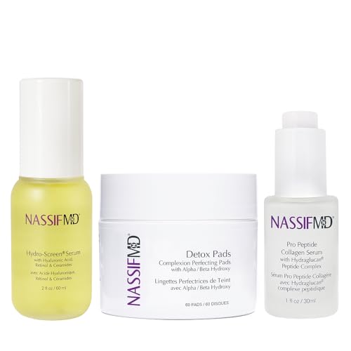 NassifMD Surgical-Grade Skincare Essentials Set – Cleanse, Exfoliate & Hydrate, Includes Detox Pads, Hyaluronic Acid Serum & Pure Hydration, Targets Dullness, Fine Lines, Uneven Tone, Doctor-Formulate