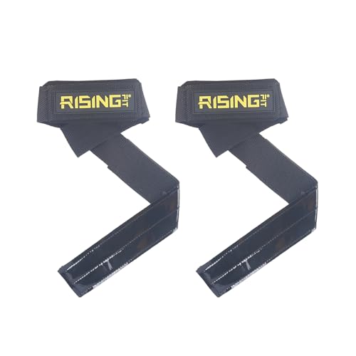RISINGFIT Weight Lifting Wrist Strap, Double Layer Leather, Adjustable Neoprene Padded Gym Workout Lifting Wrist Hooks for Men/Women (Pair)